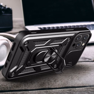 Hybrid Armor Camshield Panssaroitu Suojakuori iPhone 16 Pro Max:lle kameransuojalla ja jalustalla - Musta