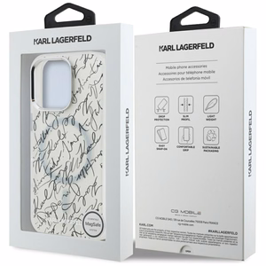 Karl Lagerfeld IML Karl Script Pattern MagSafe Suojakuori iPhone 16 Pro:lle - Valkoinen
