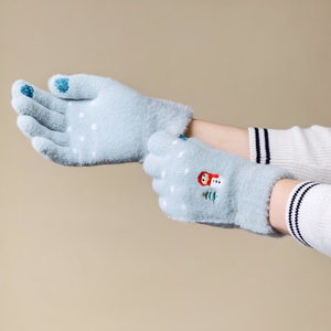 Women's winter telephone gloves with a snowman and a Christmas tree - green
