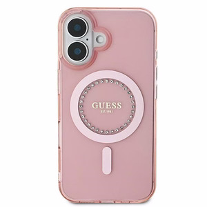 Guess IML Rhinestones MagSafe Suojakuori iPhone 16:lle - vaaleanpunainen