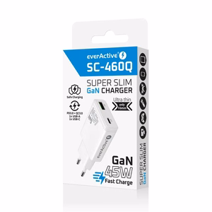laturi GaN 1x USB-C, 1x USB Quick Charge 3.0 45W PD valkoinen