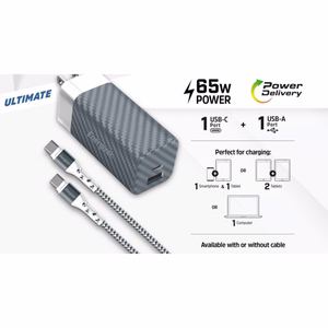 Energizer Ultimate A65MUC GaN-matkalaturi EU-, UK- ja US-pistokkeilla, USB-C + USB-A, 65 W PD, USB-C-kaapelilla, musta