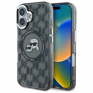 Karl Lagerfeld IML Monogram Karl ja Choupette Head MagSafe iPhone 16 Suojakuori - Musta