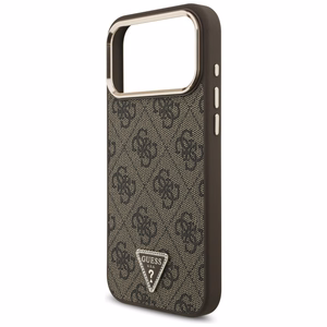 Guess PU Leather 4G Strass Triangle Logo Gold Frame MagSafe -kuori Apple iPhone 18 Pro Max -puhelimelle, ruskea