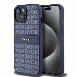 DKNY Nahkainen Mono Raita ja Metallinen Logo Suojakuori iPhone 15 / 14 / 13:lle - sininen