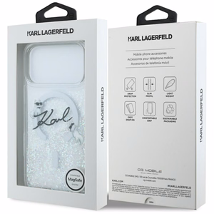 Karl Lagerfeld Liquid Glitter Karl Script Logo MagSafe suojakuori iPhone 17 Pro Max läpinäkyvä