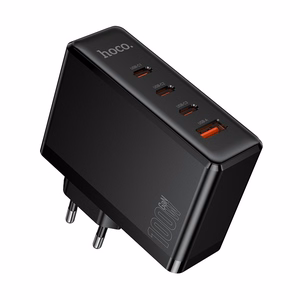 Hoco N85 100 W -laturi, jossa on 3 USB-C-porttia ja 1 USB-A-portti, musta