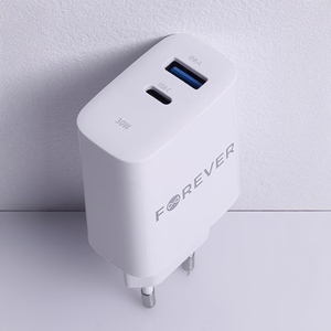 Forever TC-07-30AC PD QC charger 1x USB-C 1x USB 30W white + USB-C - USB-C cable 60W