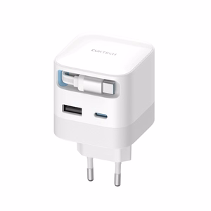 Cuktech AD653W wall power adapter 67 W GaN, 2× USB-C and USB-A, with 70 cm retractable USB-C cable – white