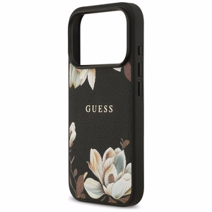 Guess Grained Flowers Classic Logo MagSafe -suojakuori iPhone 17 Pro - musta