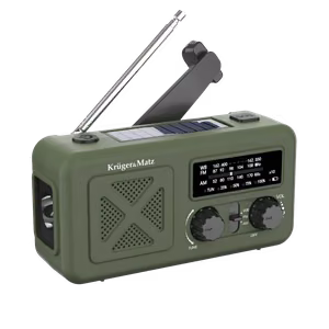 Kruger&Matz kannettava aurinkokäyttöinen SOS-hätäradio, 2000 mAh:n varavirtalähde, taskulamppu ja dynamo