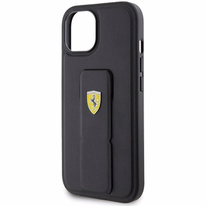 Ferrari Grip Stand Metal Logo Suojakuori iPhone 15:lle - musta