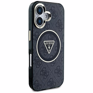 GUESS Suojakuori iPhone 16:lle MagSafe-yhteensopiva GUHMP16SHG4PRTGK (IML Metal Glitter 4G Circle Triangle) Musta