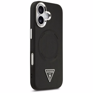 Guess MagSafe PU Nahkainen Suojakuori Triangle Logo -logolla ja hopeisella metallikamerakehyksellä iPhone 17:lle - Musta