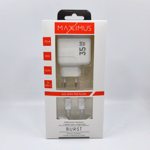 Seinälaturi MX BURST GaN PD 35W, 2xUSB-C + C/Lightning PD kaapeli 20W valkoinen