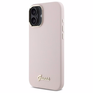 Guess Silikoninen Script Metal Logo & Frame Suojakuori iPhone 16 Plus:lle - Vaaleanpunainen