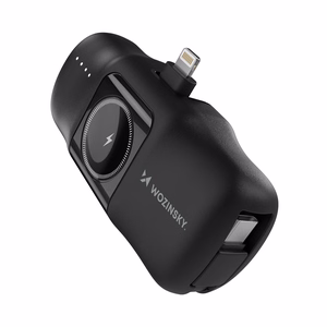 Wozinsky WF16-YLS 5000mAh 15W Lightning Mini Power Bank, jossa on sisäänrakennettu USB-C-kaapeli ja Apple Watch -laturi - musta