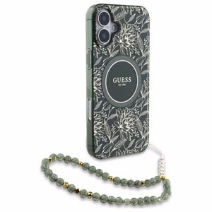 Guess IML Flowers Allover Electro With Pearl Hihna MagSafe Suojakuori iPhone 16:lle - vihreä