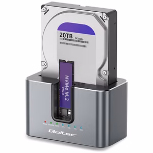 Qoltec 52631 HDD/SSD -telakointiasema, SATA, M.2 NVMe, kloonaus, USB-C, 10 Gb/s, enintään 28 Tt