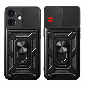 Hybrid Armor Camshield Suojakuori jalustalla ja kameran suojuksella iPhone 17:lle - musta