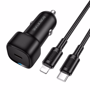 Borofone BZ34A Cloud -autolaturi - Type C - PD 20W ja Type C - Lightning -kaapeli, musta
