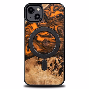 Puu- ja hartsikuori iPhone 15 Plus:lle MagSafe Bewood Unique Orange - oranssi ja musta