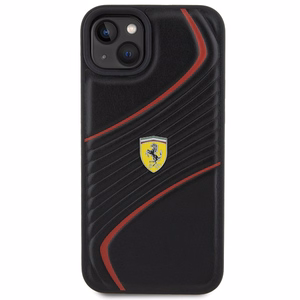 Ferrari Twist Metal Logo Suojakuori iPhone 15 Plus:lle - musta