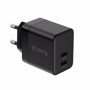 Crong Ultra Compact GaN -seinälaturi, 2 × USB-C, 35 W, PD 3.0, PPS, musta