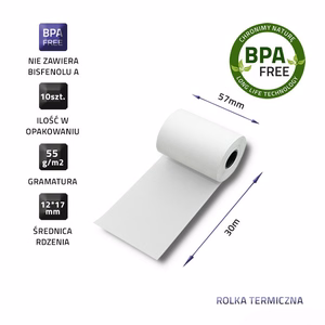Qoltec 51895 -BPA-vapaat lämpöpaperirullat, 57 × 30 mm, 55 g/m², 10 kpl