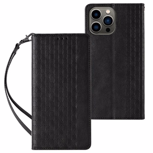 Magneetti hihna Kotelo iPhone 14 Pro Flip lompakko Mini Lanyard Stand Musta