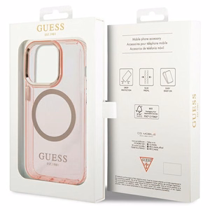 Guess GUHMP14XHTCMP vaaleanpunainen kova suojakuori iPhone 14 Pro Max 6.7 kultareunuksinen läpikuultava MagSafe