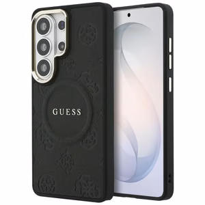 Guess Saffiano Peony Embossed Ring MagSafe -suojakuori Samsung Galaxy S26 Ultralle musta