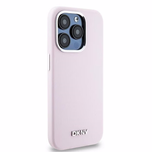 DKNY Liquid Silikoninen Small Metal Logo MagSafe Suojakuori iPhone 15 Pro:lle - vaaleanpunainen