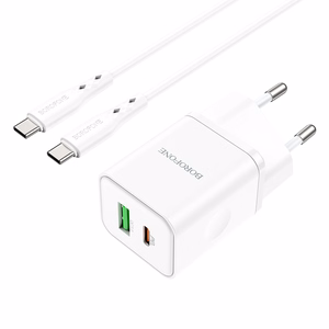 Borofone Seinälaturi BN7 - USB + Type C - QC 3.0 PD 20W Type C - Type C -kaapelilla valkoinen