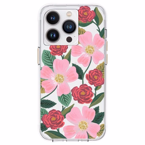 Rifle Paper Clear suojakuori iPhone 14 Pro -laitteelle, kullanvärisellä koristelulla, Rose Garden -kuvioinen