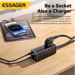 Charger Essager "Boru GaN" Black 75W (3xPD / 2xQC3.0 / 4kW-16A-250V)