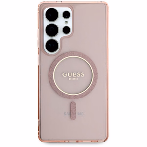 Guess Glitter Circle Classic Logo MagSafe -suojakuori Samsung Galaxy S25 Ultra pinkki