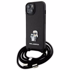 Karl Lagerfeld Crossbody Saffiano Metal Pin Karl & Choupette Suojakuori iPhone 15 Plus:lle - musta