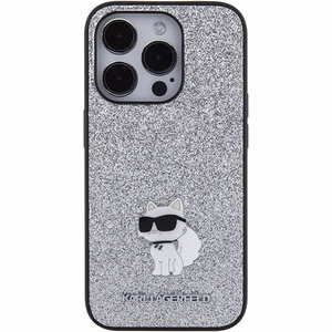 Karl Lagerfeld Fixed Glitter Choupette Logo Metal Pin suojakuori iPhone 15 Pro Max:lle - hopeinen