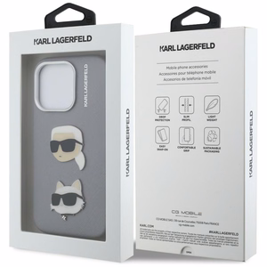 Karl Lagerfeld FW Grained Karl & Choupette Heads Pins Suojakuori iPhone 16 Pro Max - harmaa