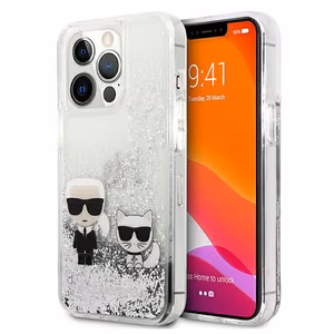 Karl Lagerfeld Liquid Glitter Karl & Choupette Suojakuori iPhone 13 Pro / 13 6.1" - Hopeinen