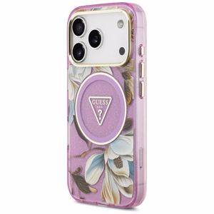 Guess IML Glitter Flowers Triangle MagSafe suojakuori mallille iPhone 17 Pro / 18 Pro – violetti