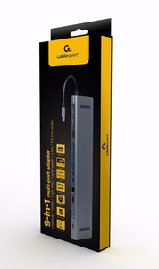 Gembird A-CM-COMBO9-01 USB Type-C 9-in-1 -moniporttisovitin (USB-keskitin + HDMI + VGA + PD + kortinlukija + LAN + 3.5 mm ääni), tähtiharmaa