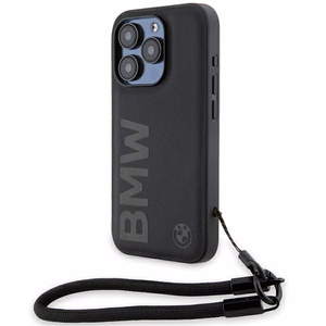 BMW Signature Nahkainen Wordmark Cord Suojakuori iPhone 15 Pro:lle - musta