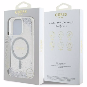 GUESS Suojakuori iPhone 16 Pro:lle MagSafe-yhteensopiva GUHMP16LRGRGES (Resin Gradient Glitter) hopeinen