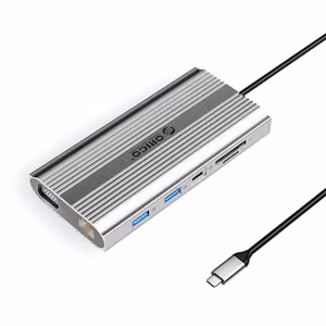 Orico XDR 12-in-1 USB-C-telakointiasema USB-A USB-C HDMI 4K VGA RJ45 Gigabit PD 100W SD- ja microSD-kortinlukija - hopea