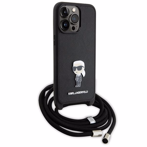 Karl Lagerfeld Crossbody Saffiano Monogram Metal Pin Karl & Choupette Case for iPhone 15 Pro Max - Black