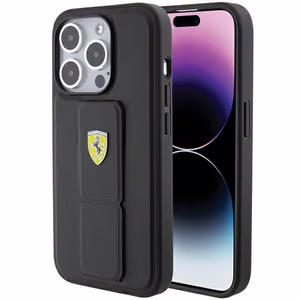 Ferrari Grip Stand Metal Logo Suojakuori iPhone 15 Pro Maxille - musta
