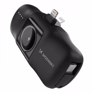 Wozinsky WF16-YLS 5000mAh 15W Lightning Mini Power Bank, jossa on sisäänrakennettu USB-C-kaapeli ja Apple Watch -laturi - musta