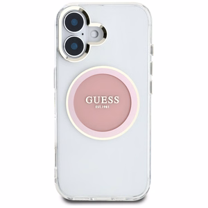 Guess IML Metal Colored Circle Classic Logo MagSafe Suojakuori iPhone 16:lle - vaaleanpunainen